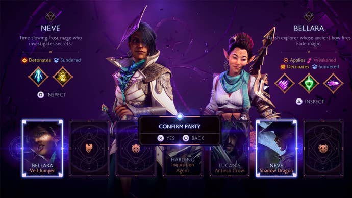 dragon age the veilguard party selection menu neve and bellara