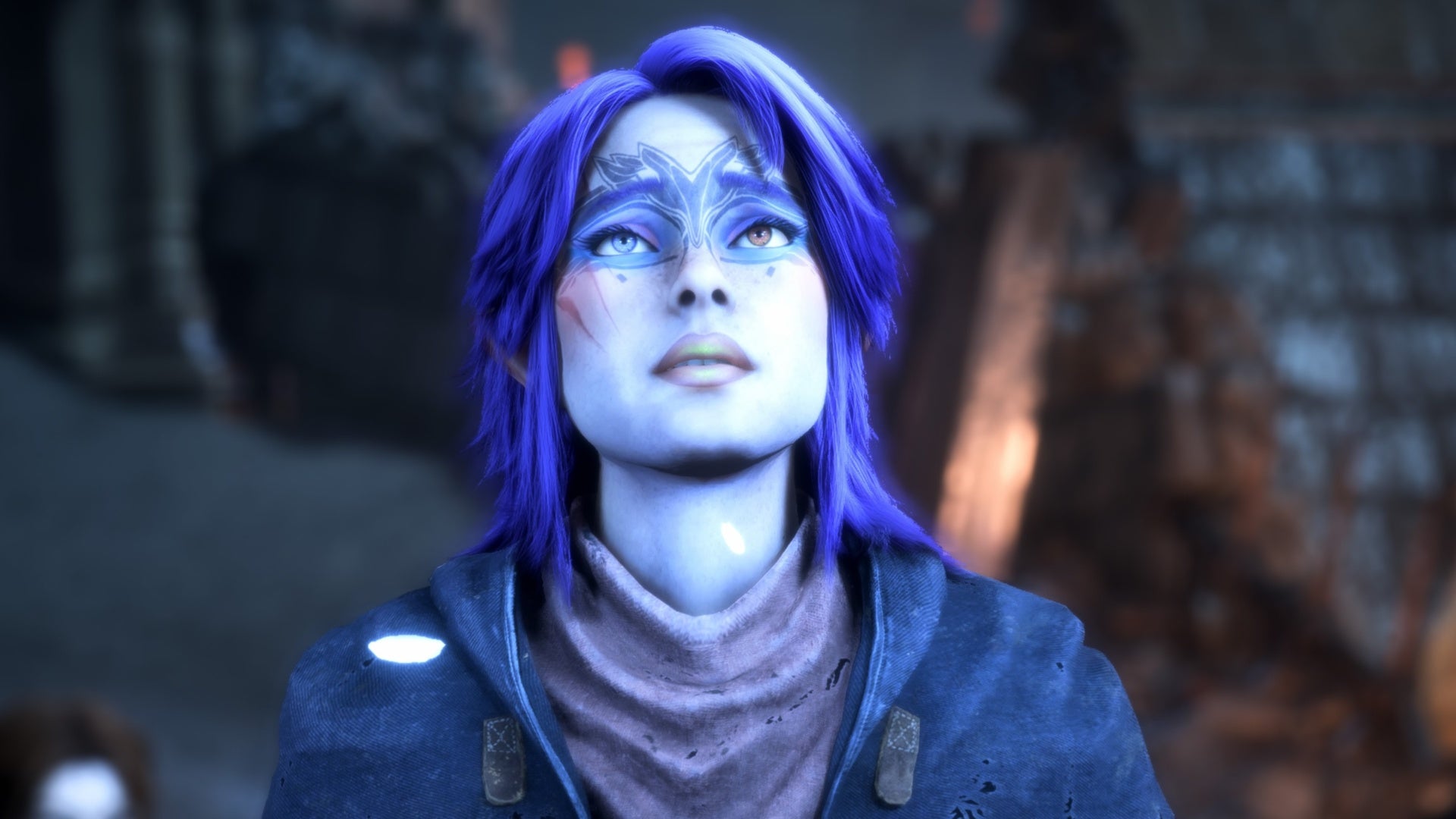 dragon age the veilguard purple hair rook looking up at the sky