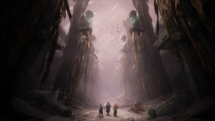 dragon age the veilguard steam promo art landscape large statues in the mist