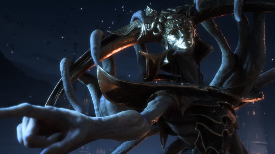 Dragon Age Veilguard screenshot of the elven god Ghilan’nain challenging Rook.