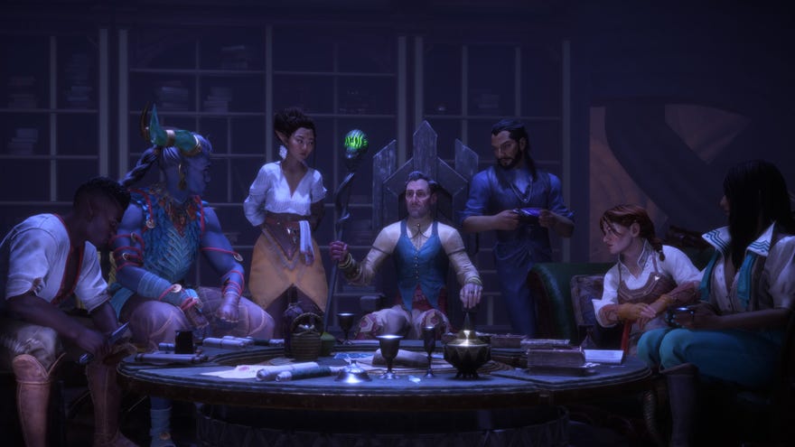 Dragon Age Veilguard screenshot of all the companions in one room.