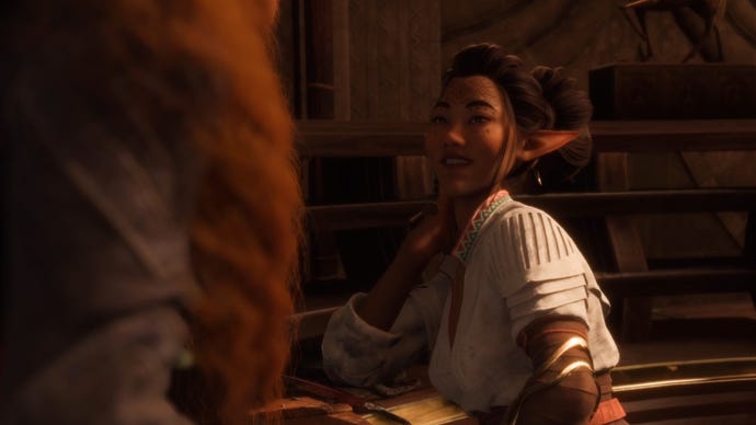 Dragon Age Veilguard screenshot of the Rook and Bellara romance.