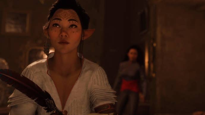 Dragon Age Veilguard screenshot of the Rook and Bellara romance.