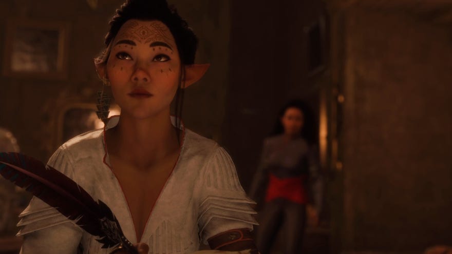 Dragon Age Veilguard screenshot of the Rook and Bellara romance.