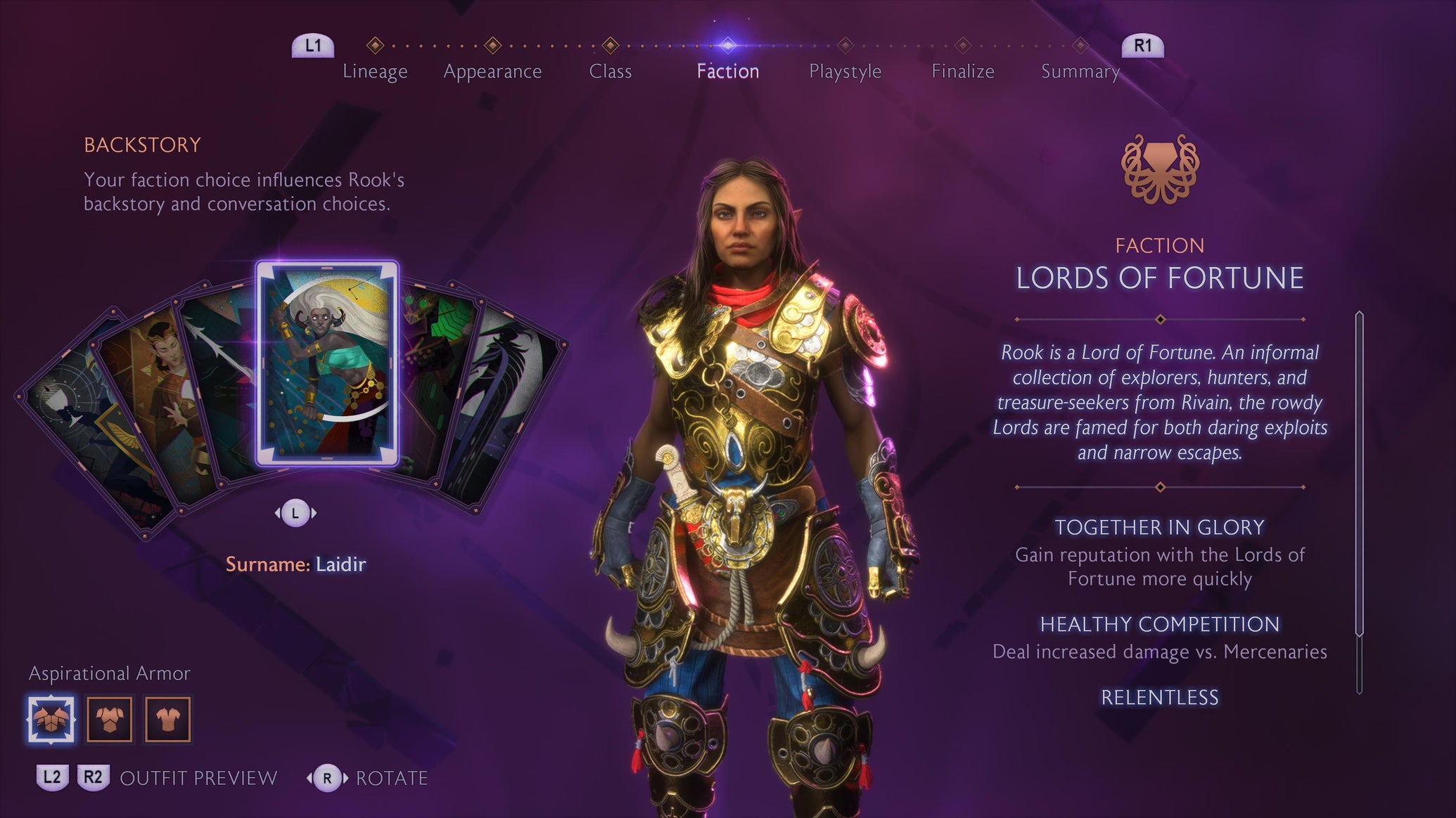 The Faction select screen in Dragon Age: Veilguard showing a member of the Lords of Fortune. - 1