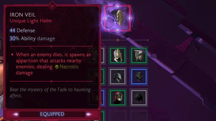 The inventory screen in Dragon Age: Veilguard showing the Iron Veil helmet.
