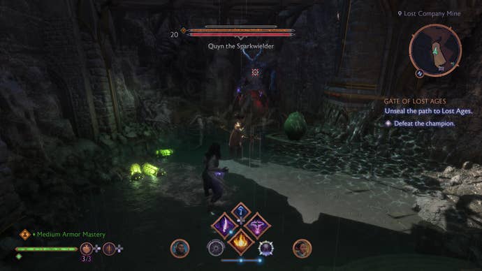 Rook fighting a giant demon in Docktown in Dragon Age: Veilguard.