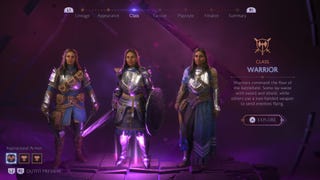The class select screen in Dragon Age: Veilguard showing a Rogue, Warrior and Mage.