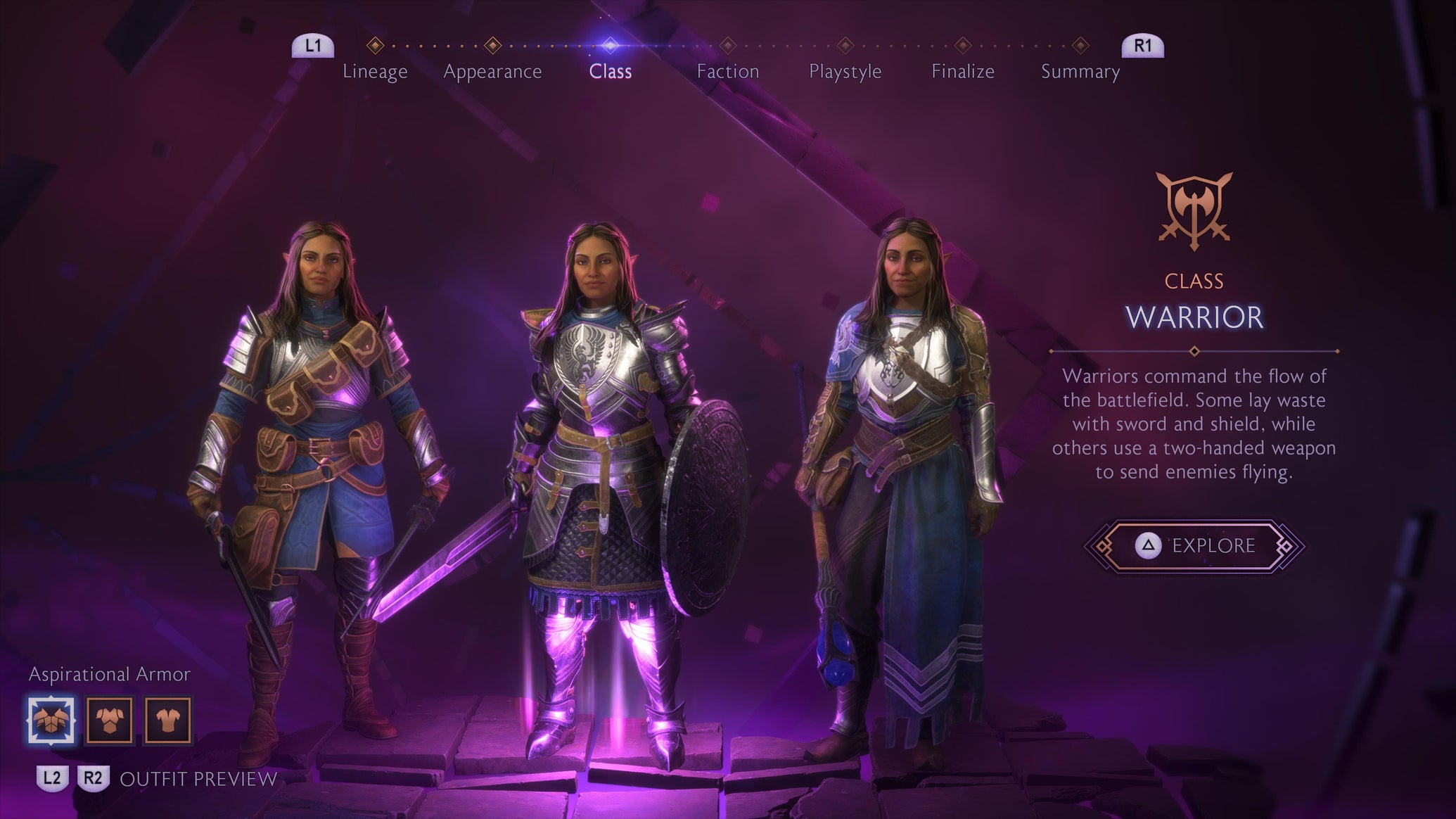 The class select screen in Dragon Age: Veilguard showing a Rogue, Warrior and Mage. - 1