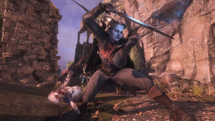 Dragon Age Veilguard screenshot of Rook performing Rogue skills in combat.