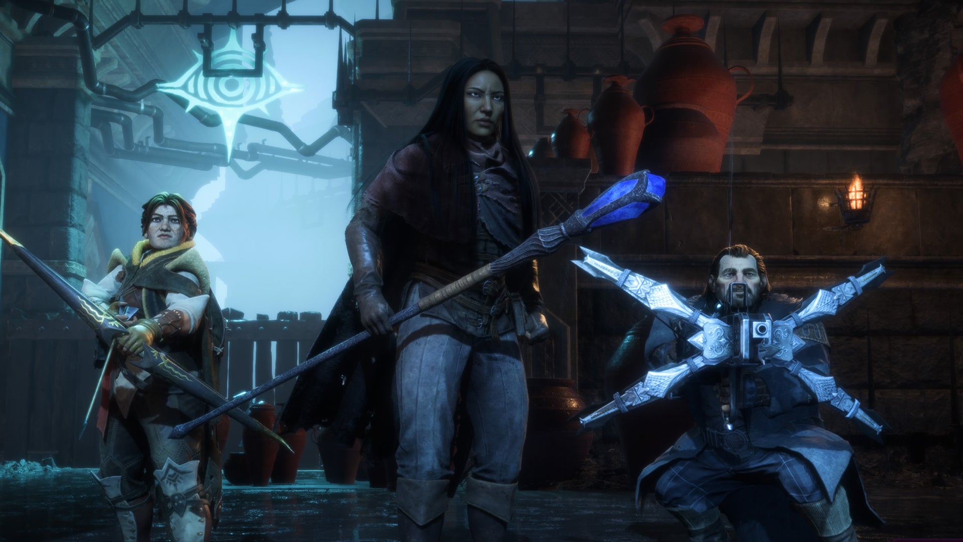 Dragon Age Veilguard screenshot of Rook, Harding and Varric preparing themselves for combat. - 1