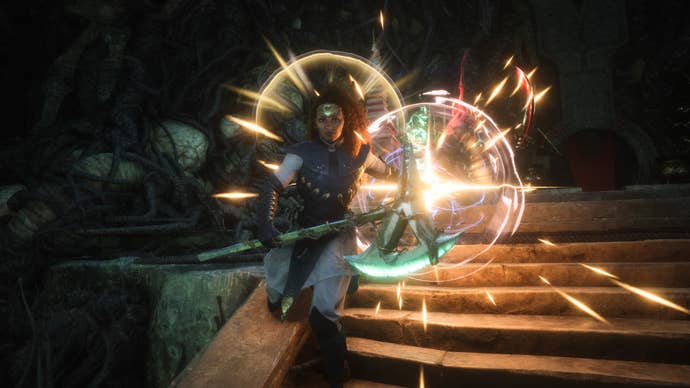 Dragon Age Veilguard screenshot of Rook performing Warrior skills in combat.