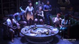 All the companions in Dragon Age: The Veilguard sitting around a round table