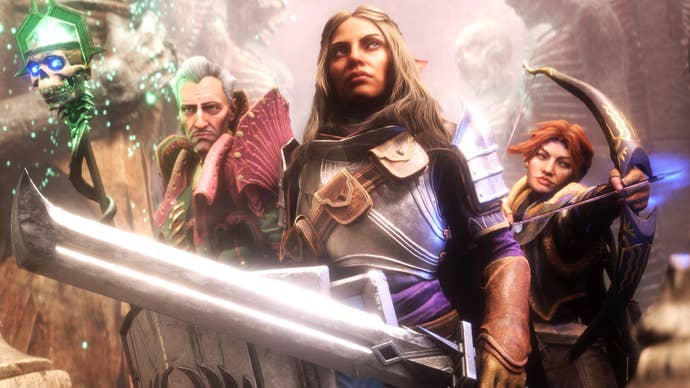 Dragon Age: The Veilguard screenshot showing three companion characters posing with weapons.