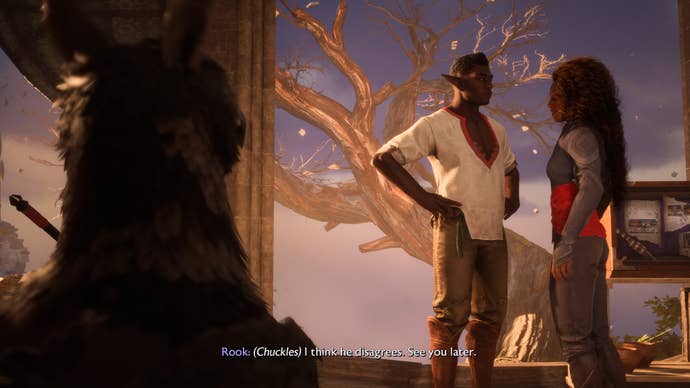 Dragon Age Veilguard screenshot of the Rook and Davrin romance.