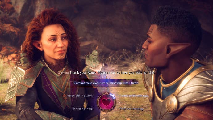 Dragon Age Veilguard screenshot of the Rook and Davrin romance.
