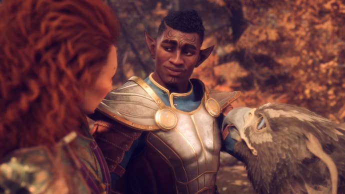 Dragon Age Veilguard screenshot of the Rook and Davrin romance.