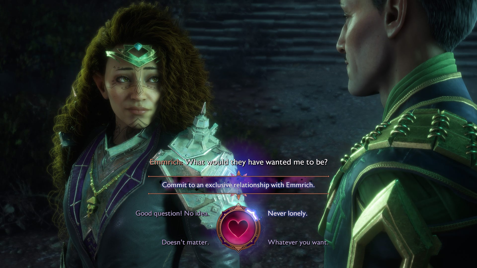 Dragon Age Veilguard screenshot of the Rook and Emmrich romance.