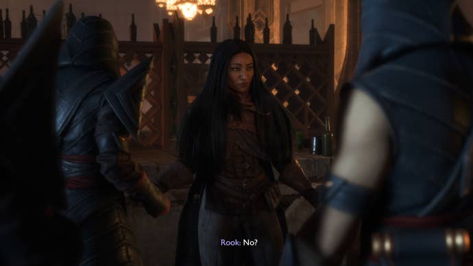 Dragon Age Veilguard screenshot of Rook surrounded by Venatori enemies.