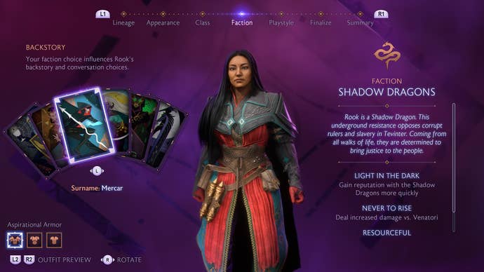 Dragon Age Veilguard screenshot of Rook wearing the aspirational armour of the Shadow Dragons Faction.