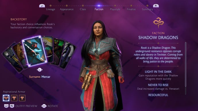 Dragon Age Veilguard screenshot of Rook wearing the aspirational armour of the Shadow Dragons Faction.