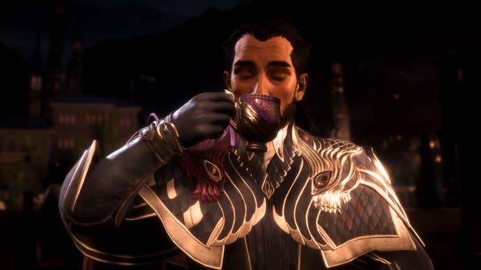 Lucanis from Dragon Age: The Veilguard enjoying a coffee.