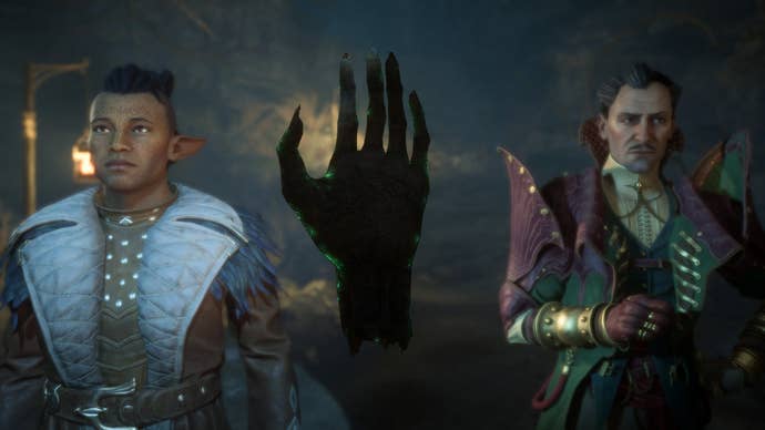 Emmrich, Rook, and a severed hand in Dragon Age: The Veilguard.