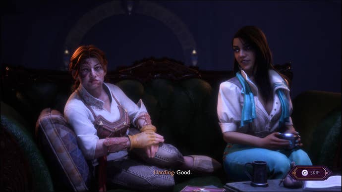 Dragon Age: The Veilguard screenshot of Harding with facial bruising and Neve.