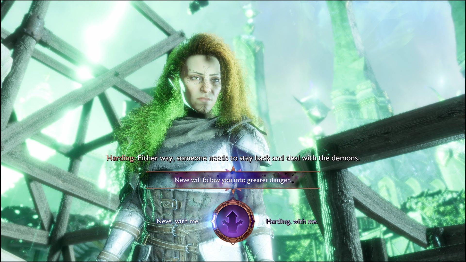 Dragon Age: The Veilguard screenshot of Rook choosing between Harding and Neve. - 4