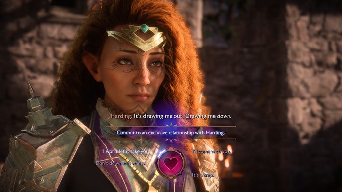 Captura de pantalla de Dragon Age Veilguard del romance de Rook y Harding.