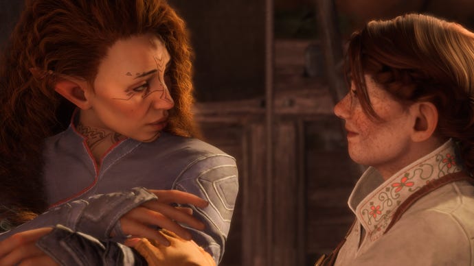 Captura de pantalla de Dragon Age Veilguard del romance de Rook y Harding.