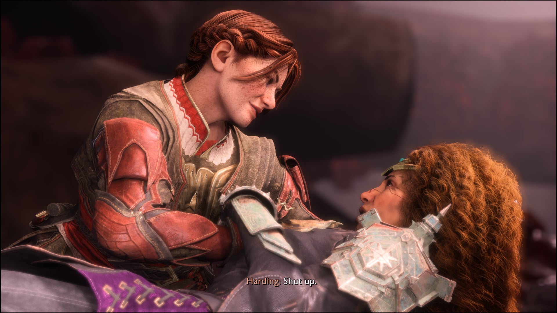 Dragon Age Veilguard screenshot of the Rook and Harding romance. - 1
