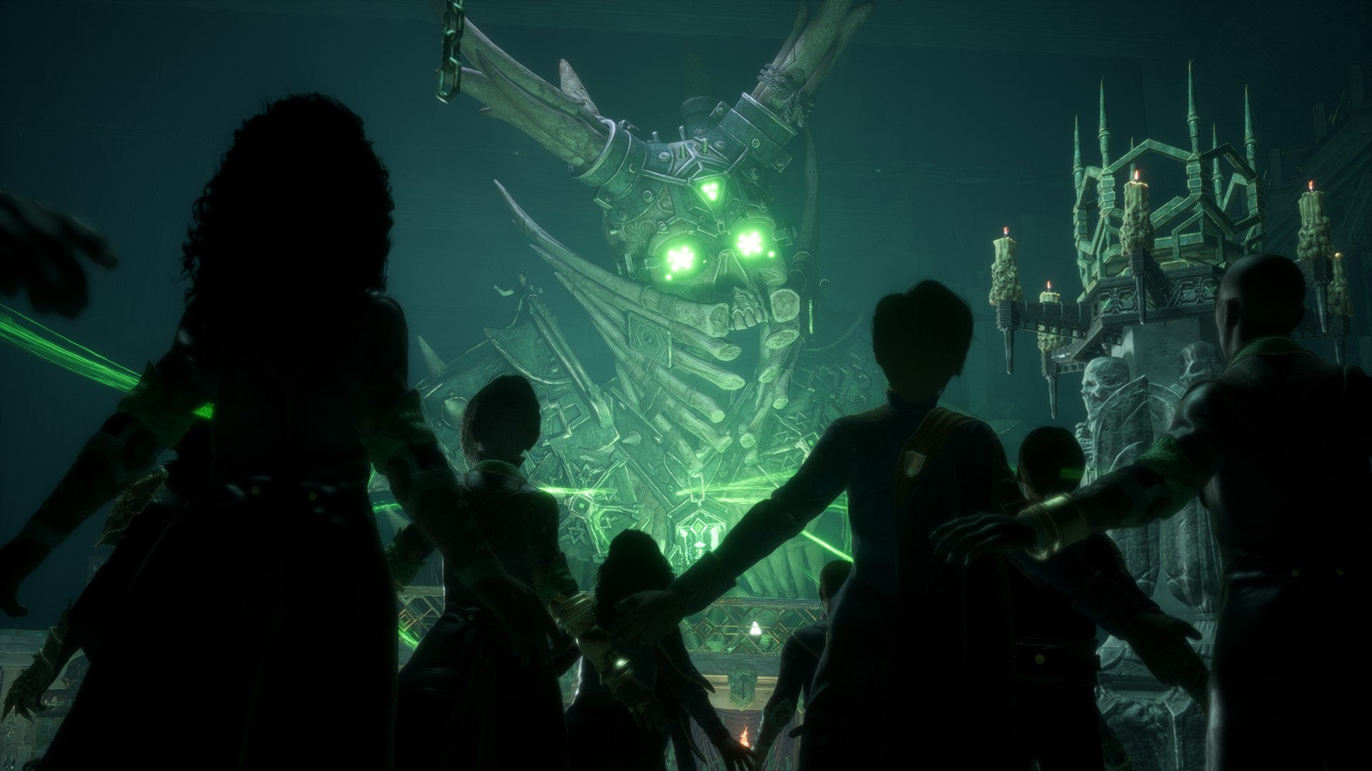A giant skeleton construct with glowing green eyes and a shocked crowd in Dragon Age: The Veilguard. - 1