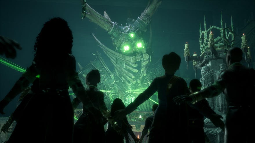 A giant skeleton construct with glowing green eyes and a shocked crowd in Dragon Age: The Veilguard.