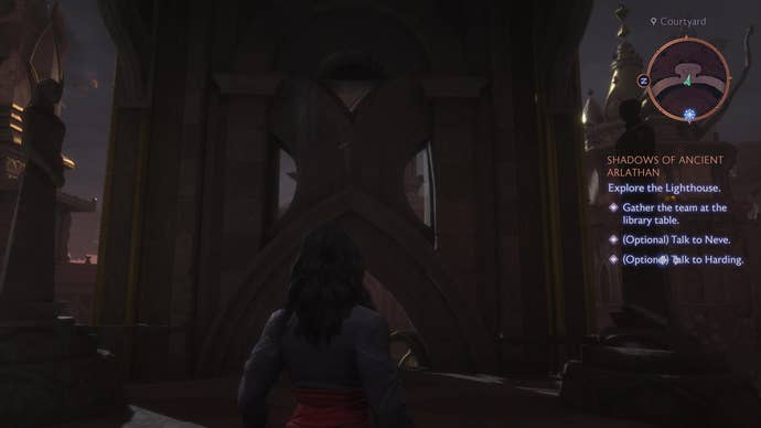 Rook standing in front of the first set of Lighthouse statues in Dragon Age: Veilguard.