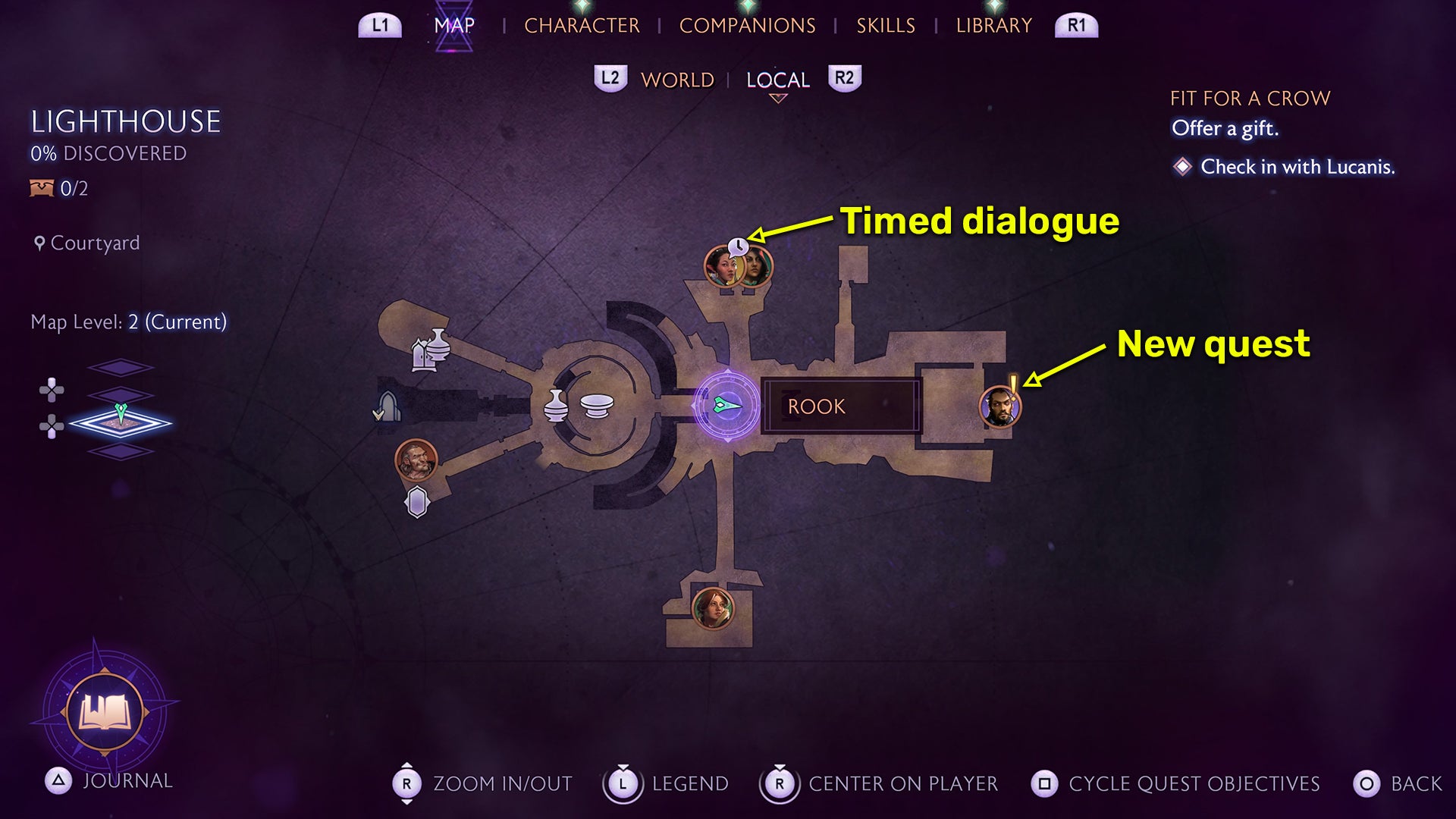 Dragon Age Veilguard screenshot of the Lighthouse Map containing markers for new dialogue and a new quest. - 8