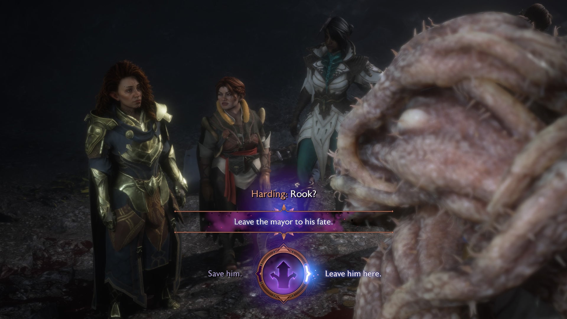 Dragon Age Veilguard screenshot of the choice to save or leave the mayor at Shadows Crossing trapped in Blight. - 3