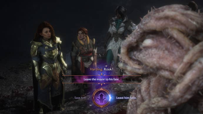 Dragon Age Veilguard screenshot of the choice to save or leave the mayor at Shadows Crossing trapped in Blight.