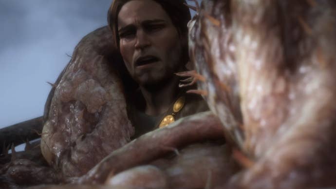 Dragon Age Veilguard cutscene screenshot of the mayor at Shadows Crossing trapped in Blight.