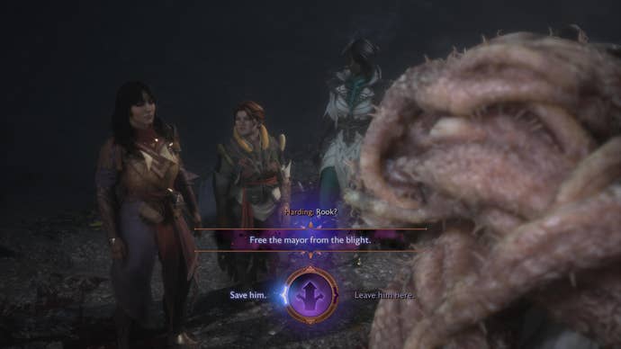 Rook and Harding standing in front of the trapped Mayor of D’Meta’s Crossing in Dragon Age: Veilguard.