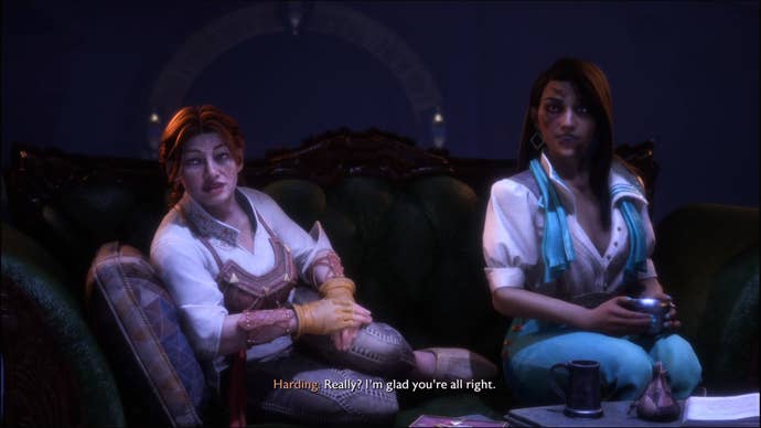Dragon Age: The Veilguard screenshot of Harding and Neve with facial bruising.