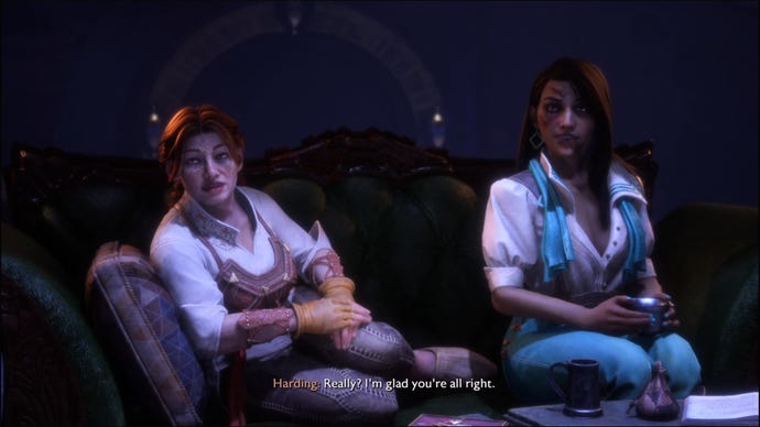 Dragon Age: The Veilguard screenshot of Harding and Neve with facial bruising.