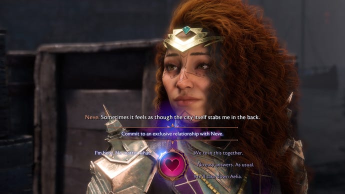 Dragon Age Veilguard screenshot showing Rook and Neve's romance.