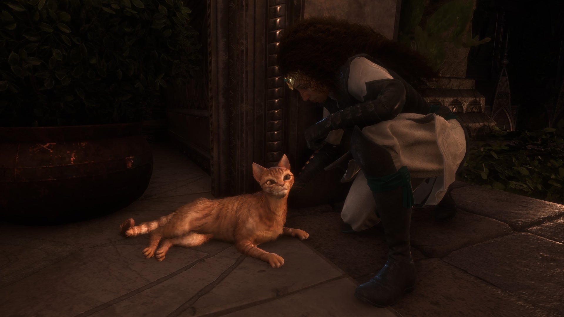 Dragon Age Veilguard screenshot of Rook petting a cat. - 14