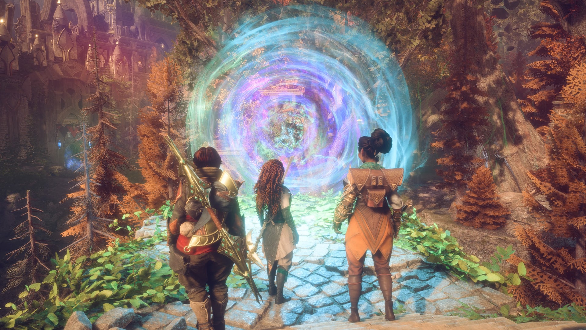 Dragon Age Veilguard screenshot of Rook, Bellara and Harding standing in front of an arcane portal. - 1