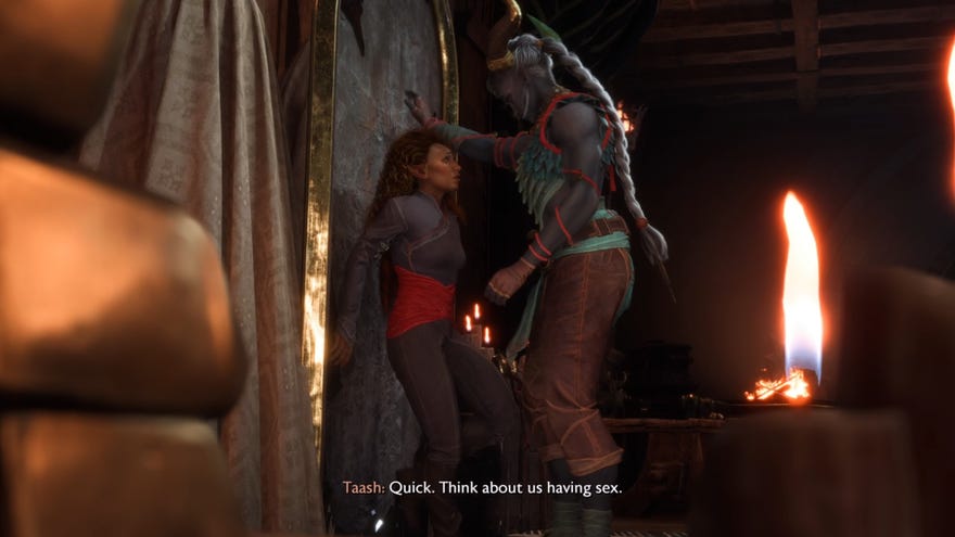 Dragon Age Veilguard screenshot of the Rook and Taash romance.