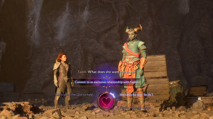 Dragon Age Veilguard screenshot of the Rook and Taash romance.