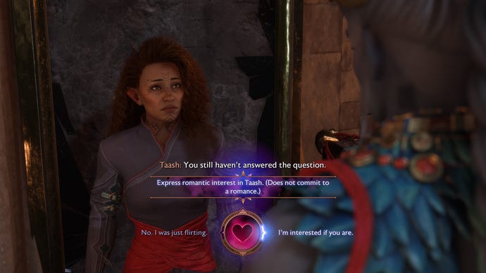 Dragon Age Veilguard screenshot of the Rook and Taash romance.