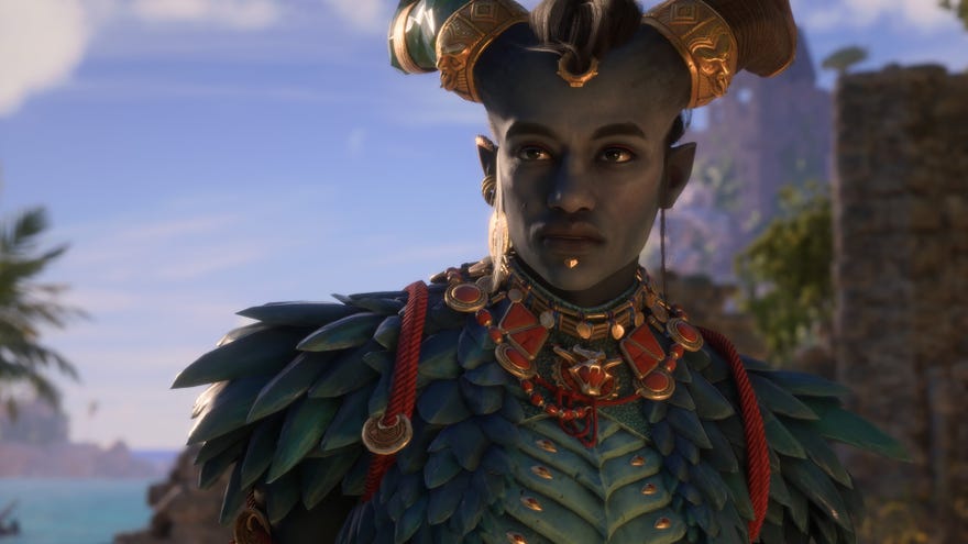 Dragon Age Veilguard screenshot of Taash, a recruitable companion.