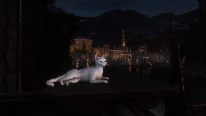 Dragon Age Veilguard screenshot of a view of Treviso with a cat in the foreground.